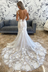 White Illusion Neck Appliques Trumpet Long Wedding Dress